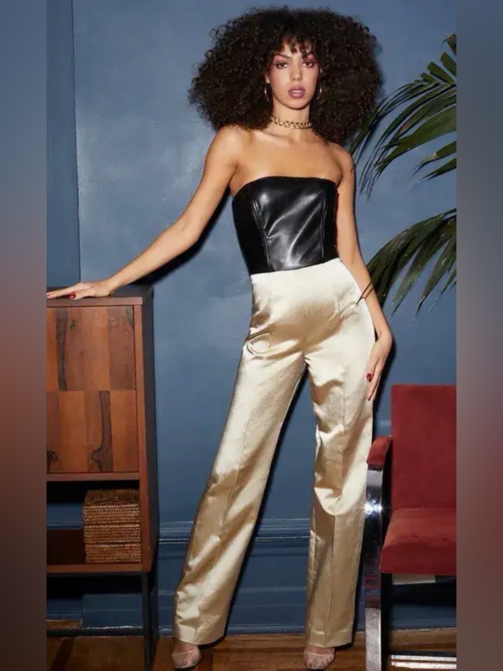 ✨Fleur du Mal Strapless Black Leather Gold Satin Jumpsuit‎ Size 2 NWT✨
